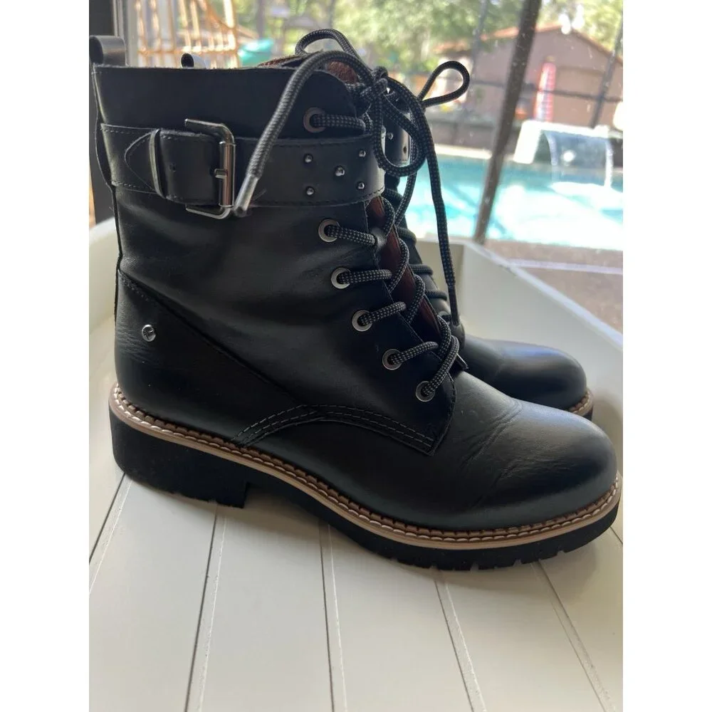 Pikolinos Black Leather Combat Boots Womens US 6 EU 37 Lace Up Side Zip - Picture 7 of 14